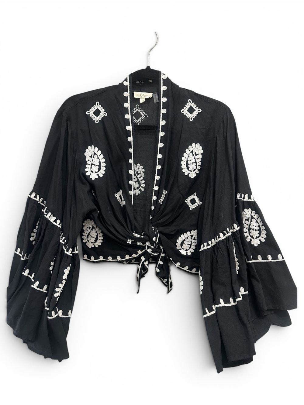 Elan Black Cropped Tie-Front Embroidered Blouse